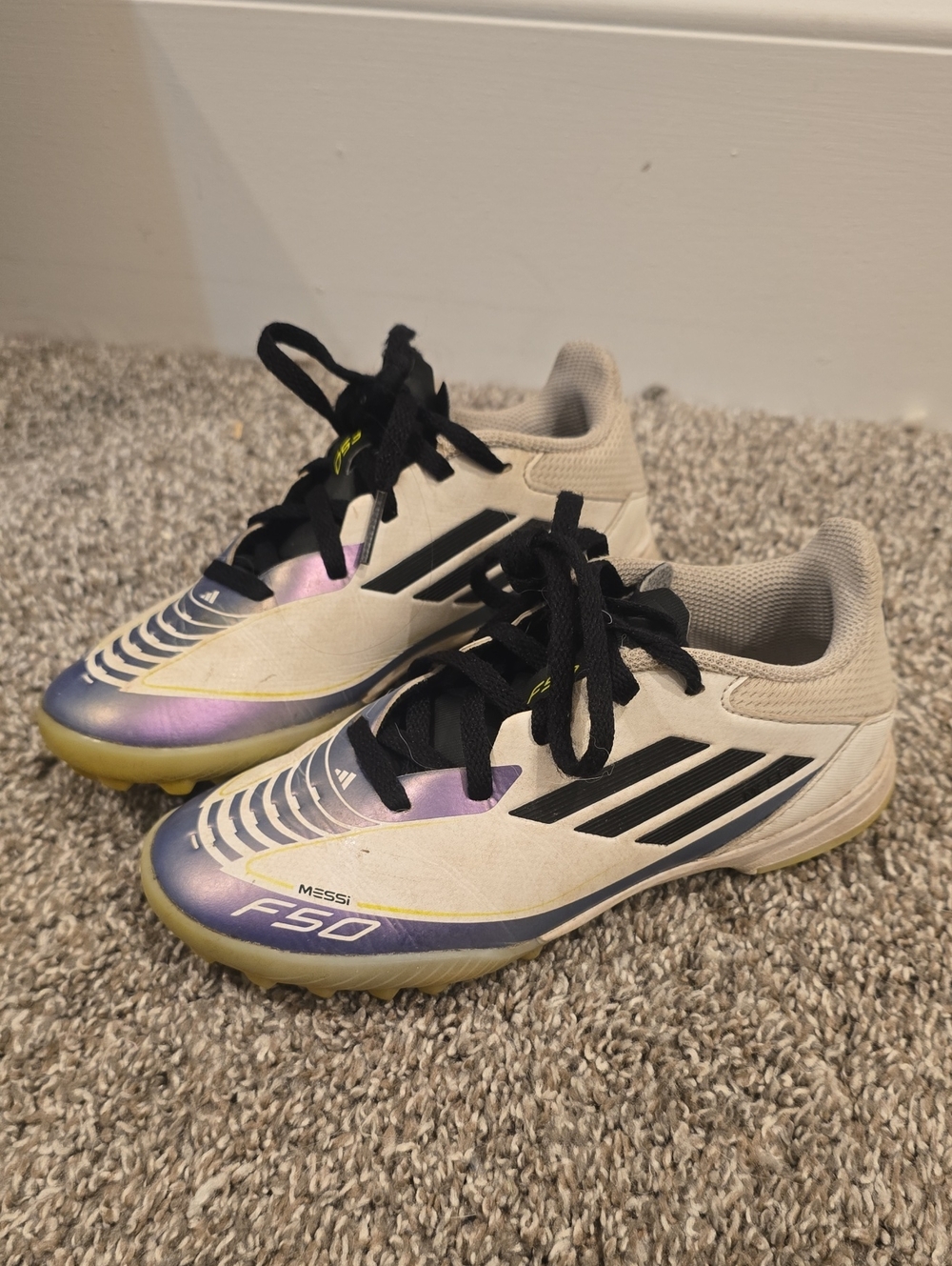 adidas Kids F50 Soccer Cleats - Cream, Black & Iridescent Purple
